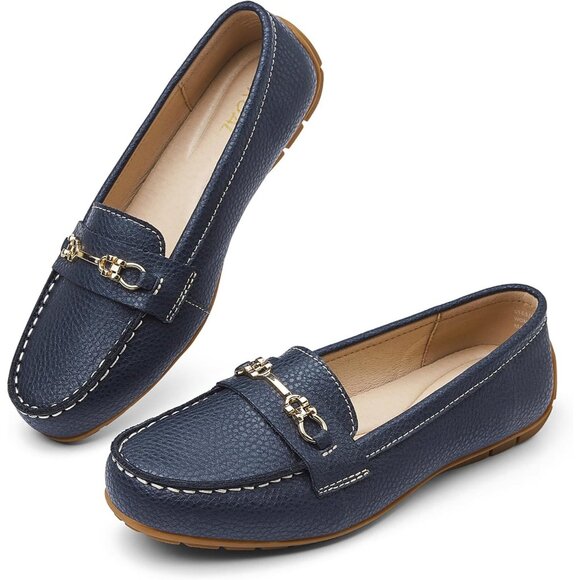Kordal Women's Navy Leather Gold Accent Buckle Slip-Ons Walking Flats Loafers - Picture 9 of 9